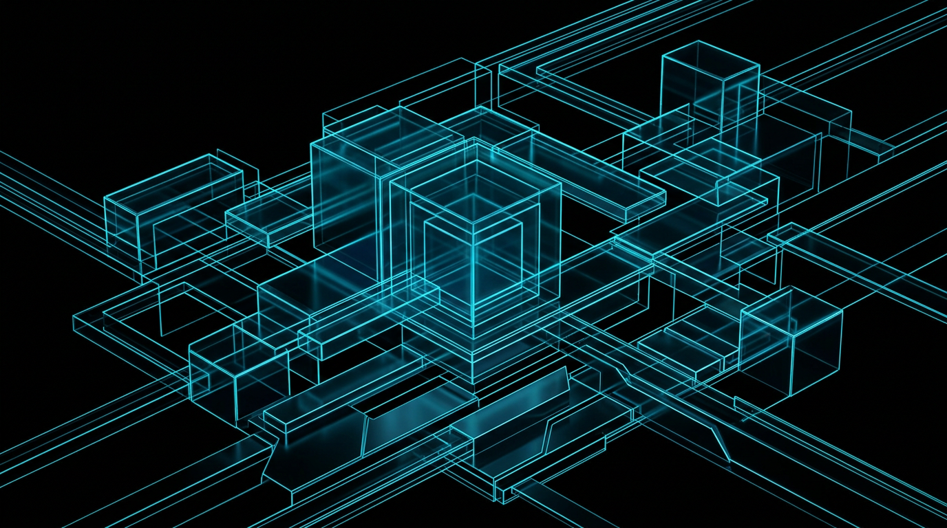 An abstract geometric pattern of electric cyan light lines and glass blocks on a black background.
