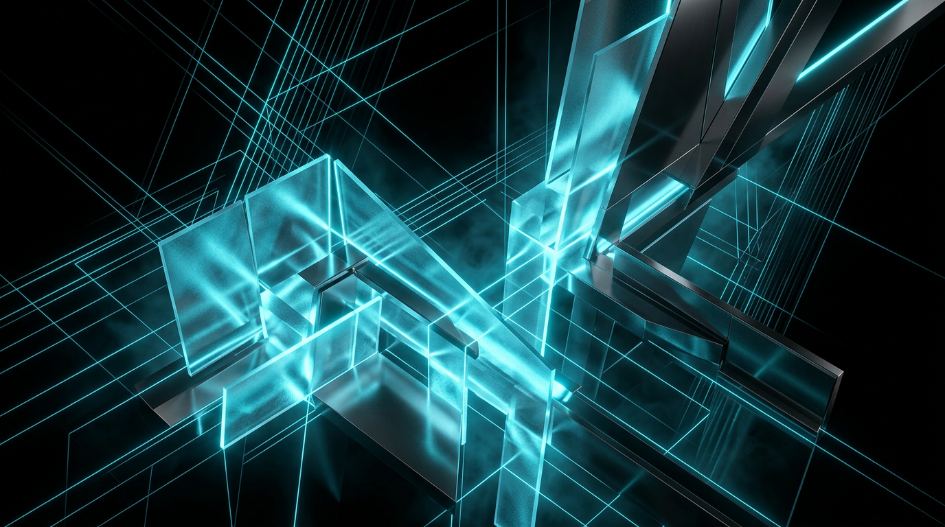 Abstract geometric composition featuring electric cyan light glowing through glass and metal geometric structures on a black background.
