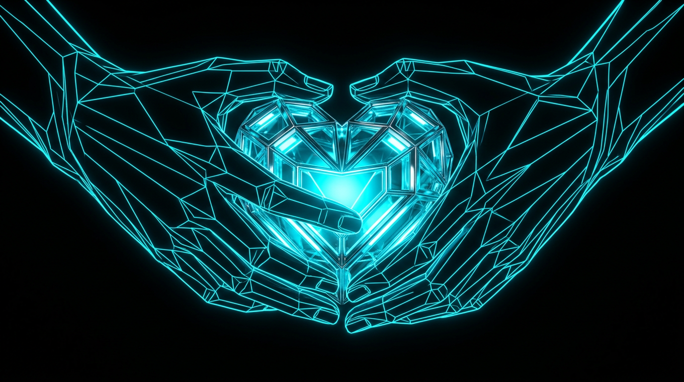 Abstract thin electric cyan lines forming interlocking glass and metal hands holding a glowing heart on a black background.