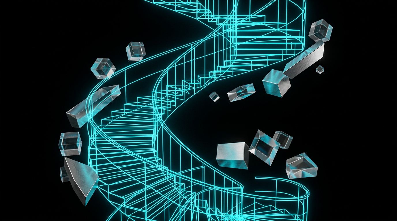 An abstract editorial illustration of a glowing cyan spiral staircase made of thin geometric lines and floating glass blocks on a black background.