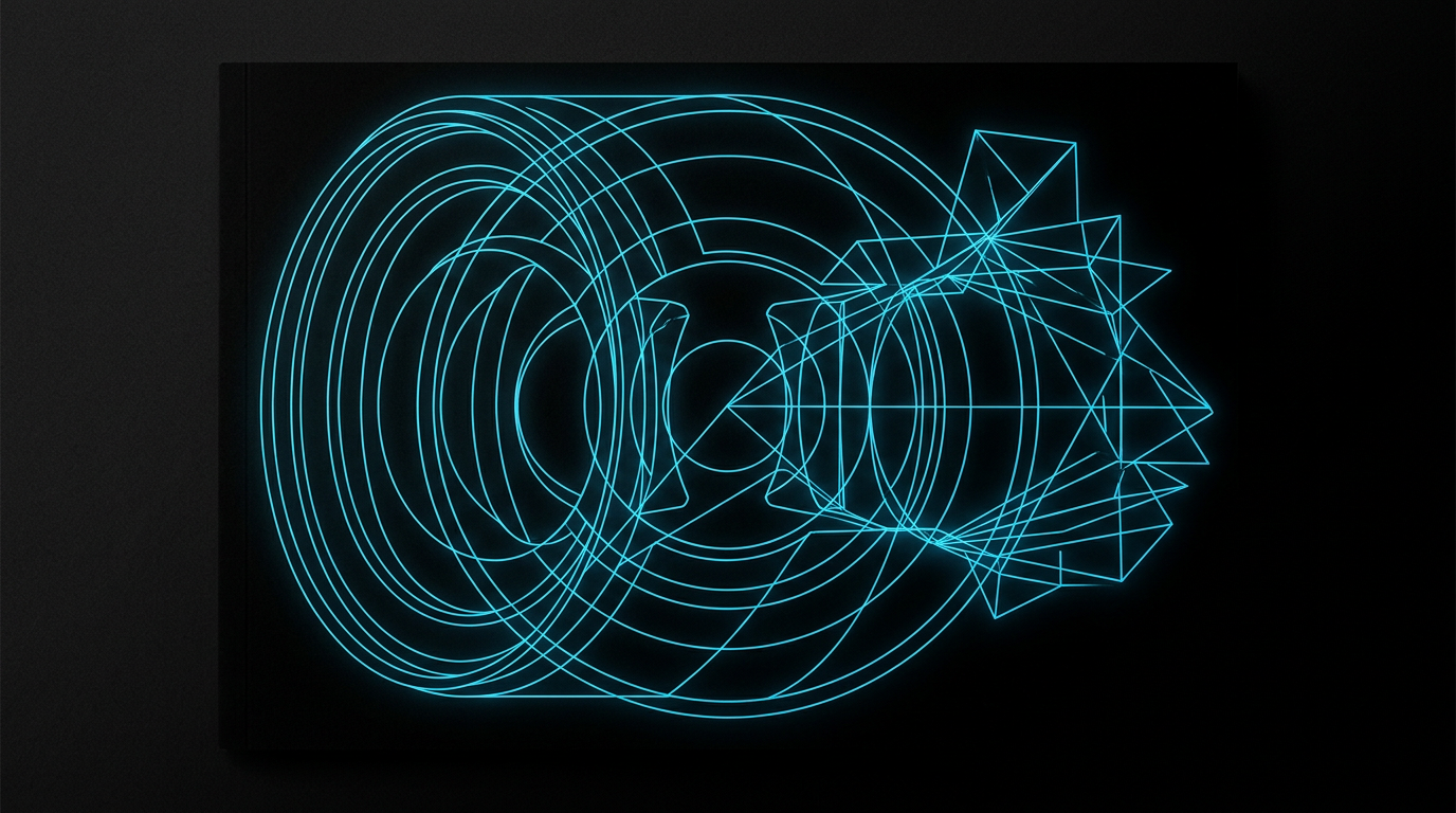 Abstract cyan line work forming geometric camera lens elements on a black background