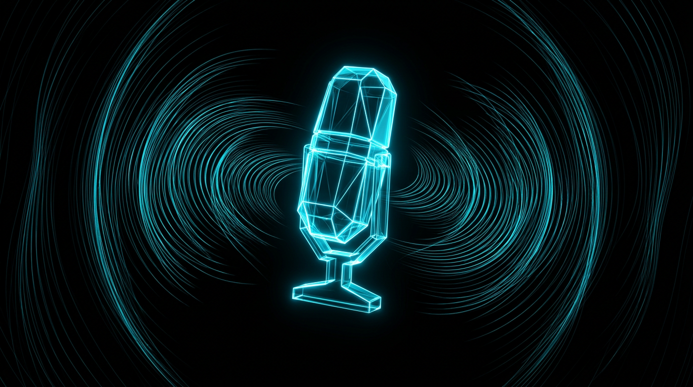An abstract geometric glass microphone with glowing electric cyan soundwaves on a black background
