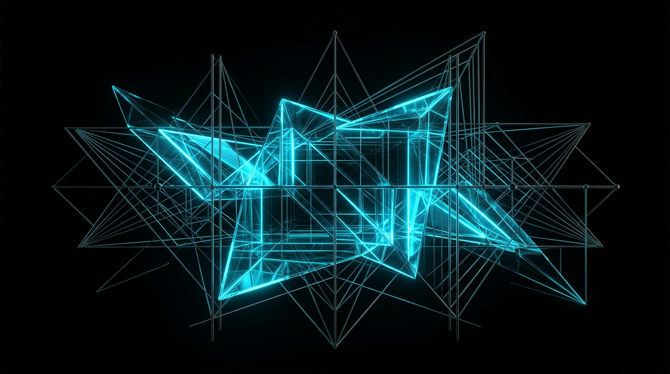 Abstract geometric line work and glass forms illuminated by electric cyan light on a pure black background.