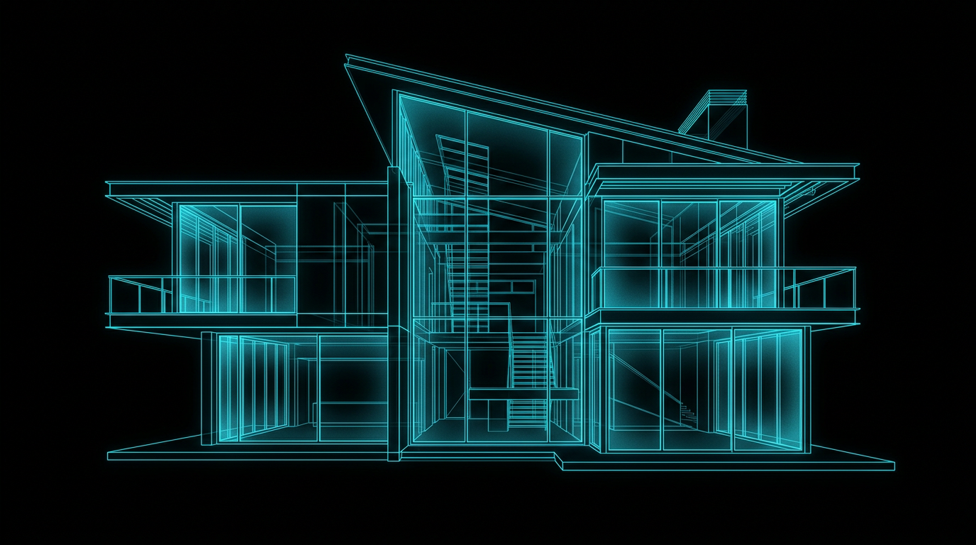 An abstract cyan neon outline of a modern architectural home on a black background