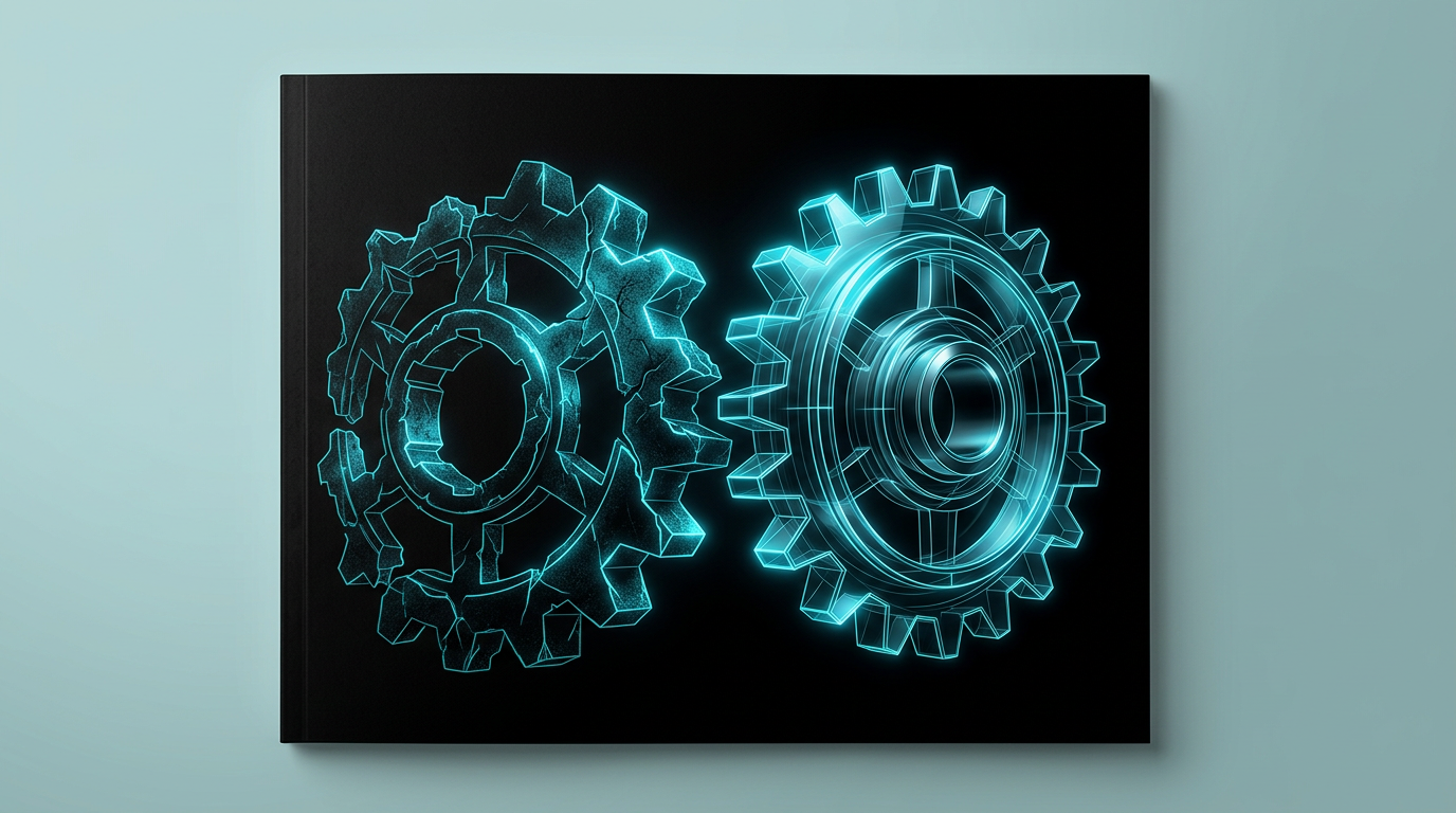 An abstract geometric visualization of a broken gear next to a smooth, functional glass and metal gear under cyan light.