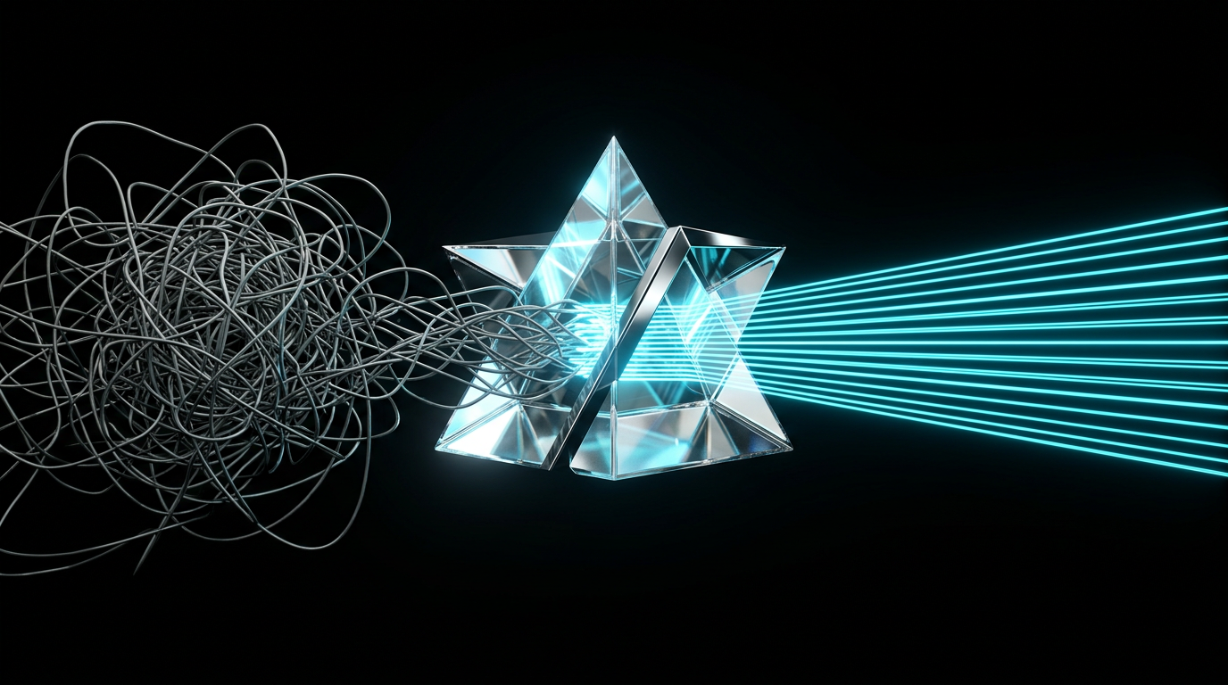 An abstract geometric illustration of a messy knot of wires passing through a glass prism and emerging as neat, glowing electric cyan lines on a black background.