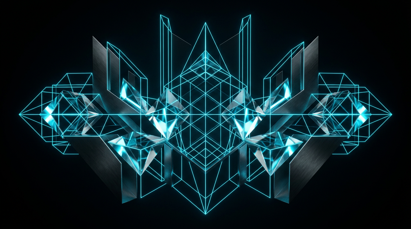 Abstract geometric line work and glass forms illuminated by electric cyan light on a dark background.