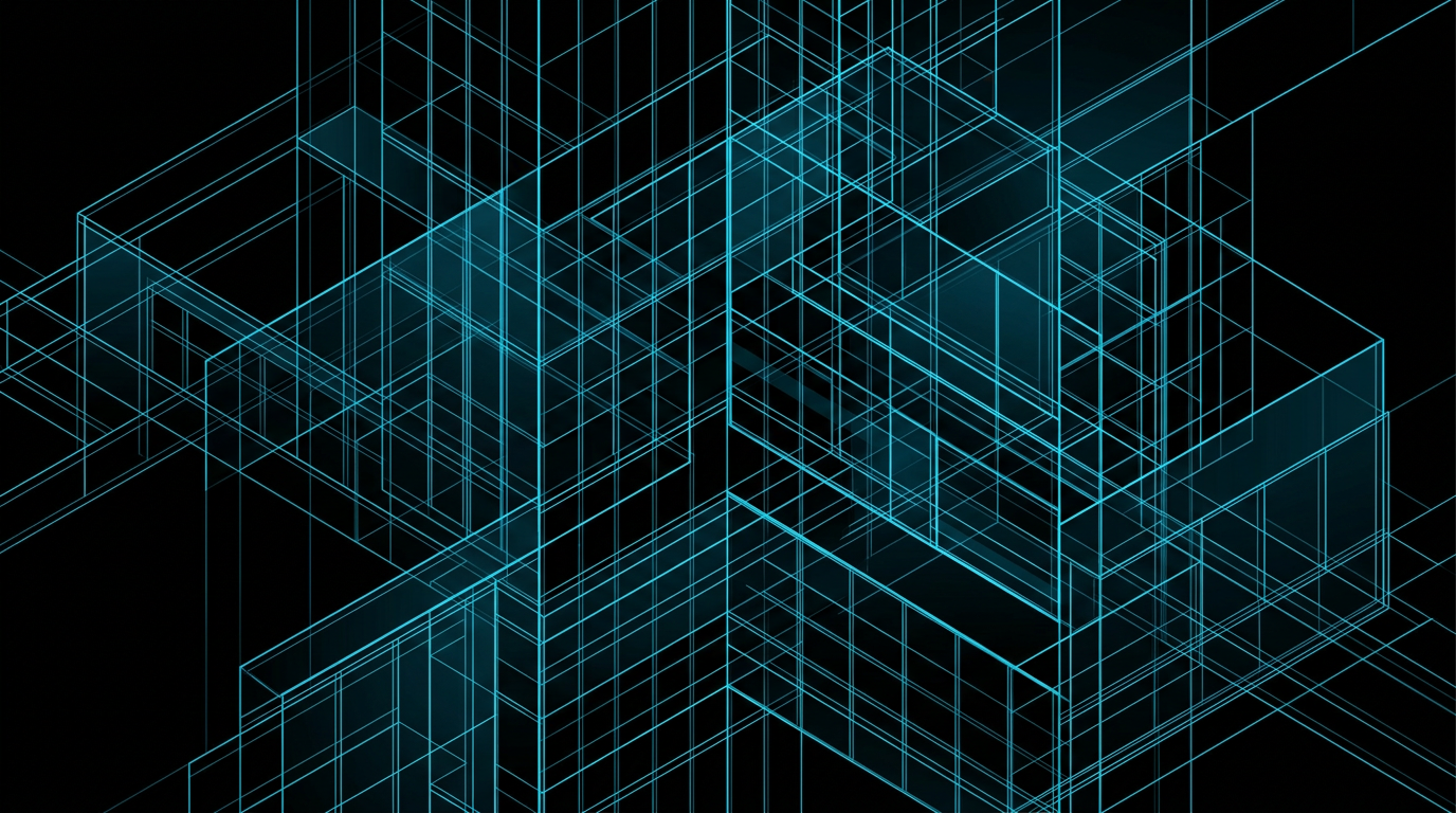 Abstract cyan geometric line work showing interlocking glass and metal planes on a black background