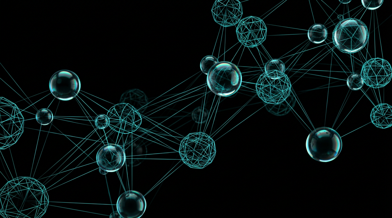 An abstract geometric network of delicate glass and metal spheres glowing with electric cyan light on a pure black background.