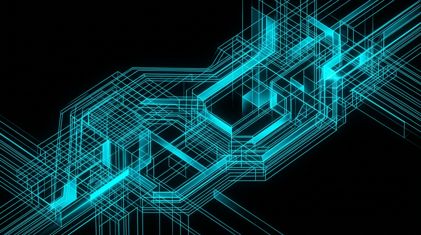 Abstract geometric line work in electric cyan light on a pure black background depicting pipeline architecture