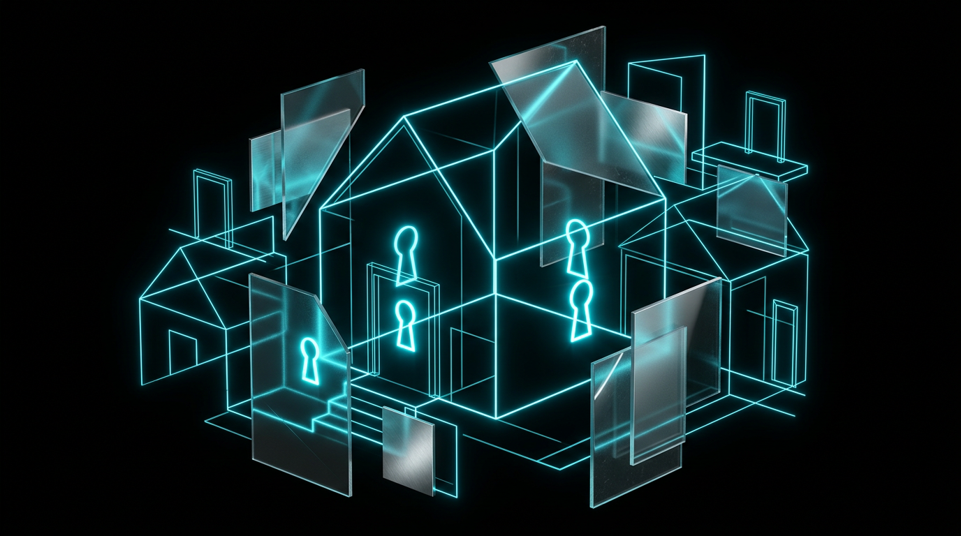 Abstract cyan line art of a house structure with geometric glass forms on a black background