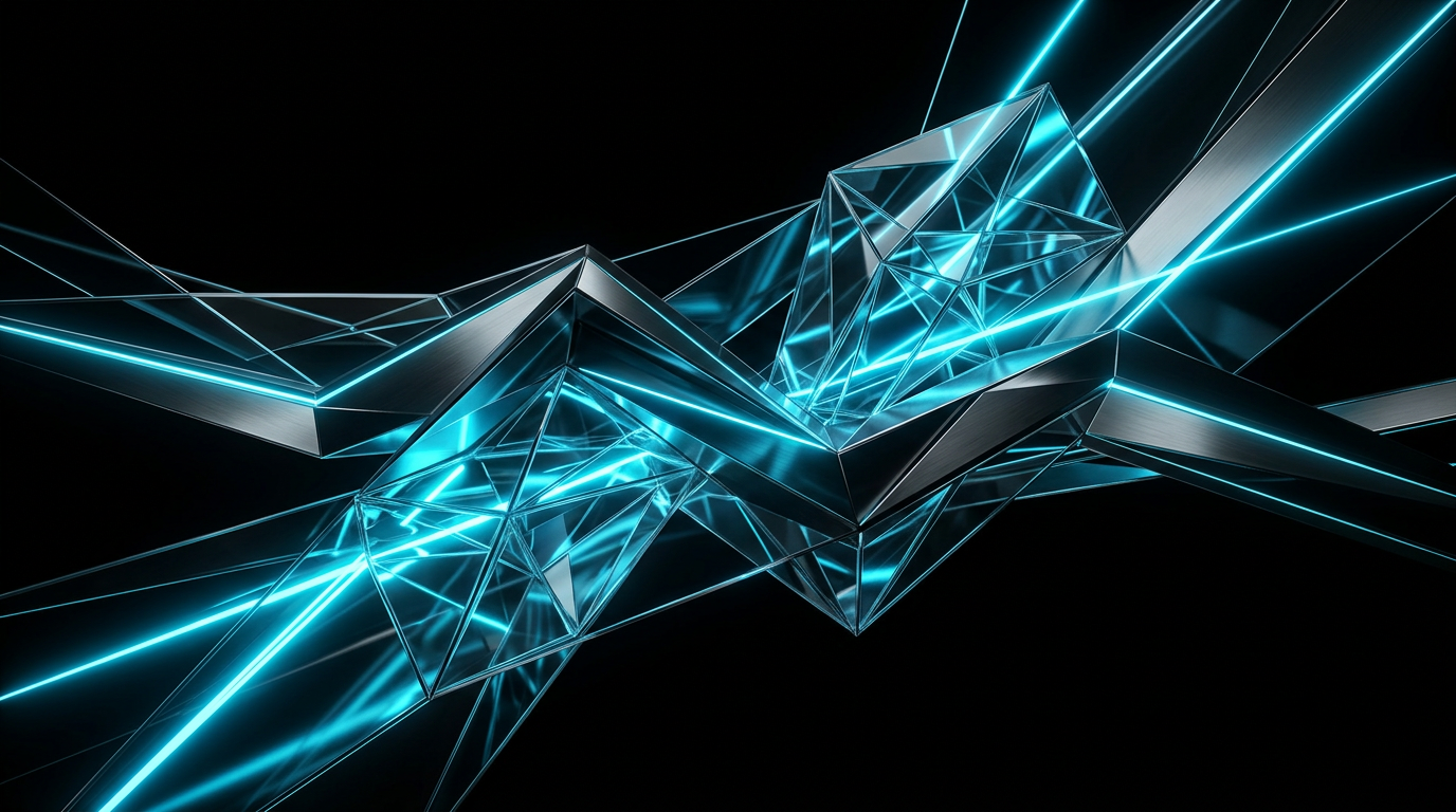 Abstract geometric shapes made of glass and polished metal illuminated with electric cyan light against a dark background.