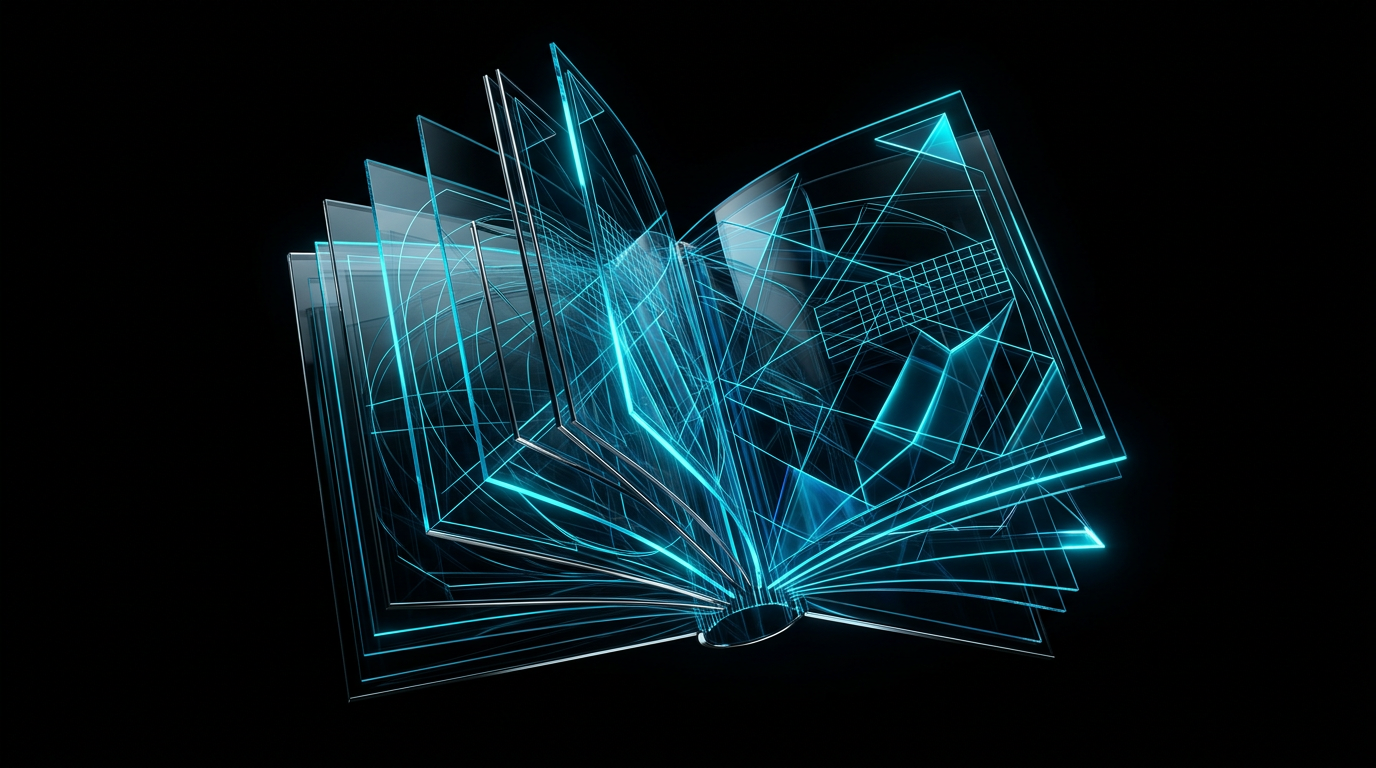 Abstract geometric line art with electric cyan lighting depicting layered glass planes on a dark background.