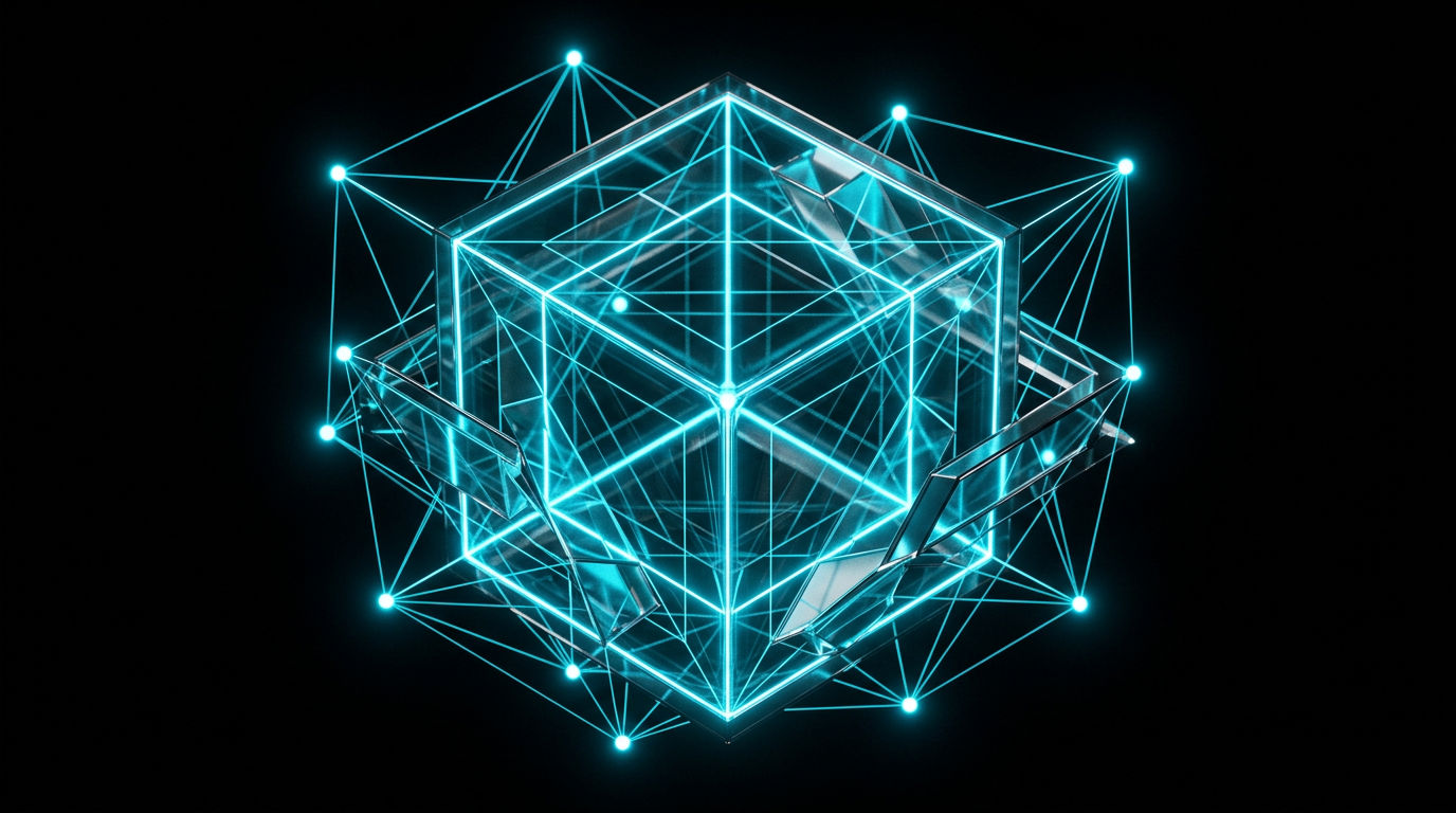 Abstract geometric line work of a glowing 3D cube and nodes in electric cyan on a black background, representing structural thinking and consulting frameworks.