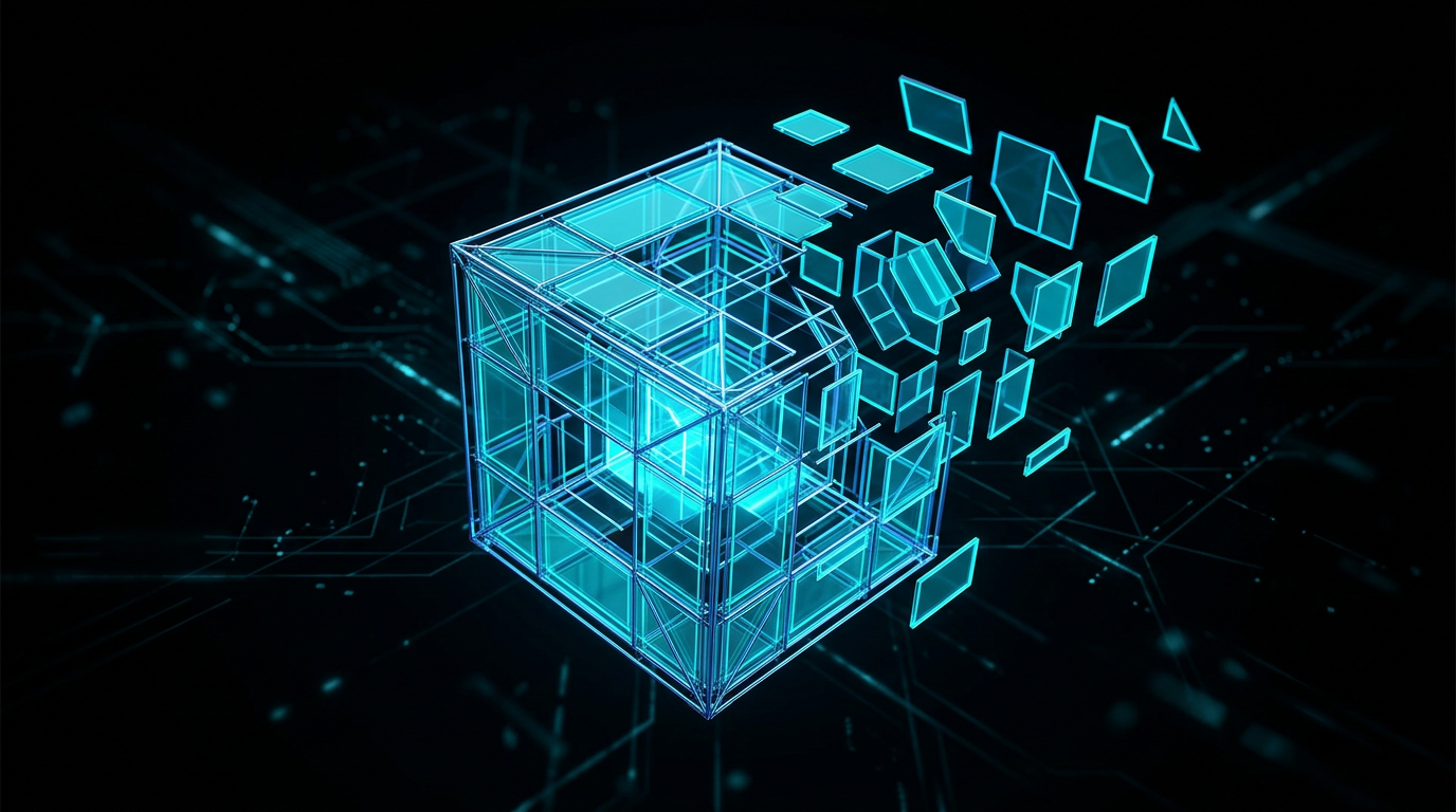 An abstract neon cyan geometric wireframe cube on a pure black background, symbolizing structured digital product creation.