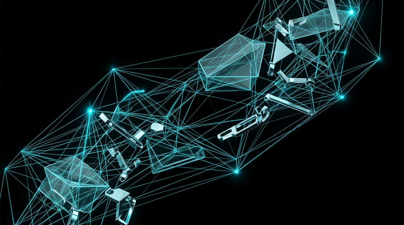 Minimalist digital illustration with electric cyan geometric wireframes and glass envelope shapes on a black background