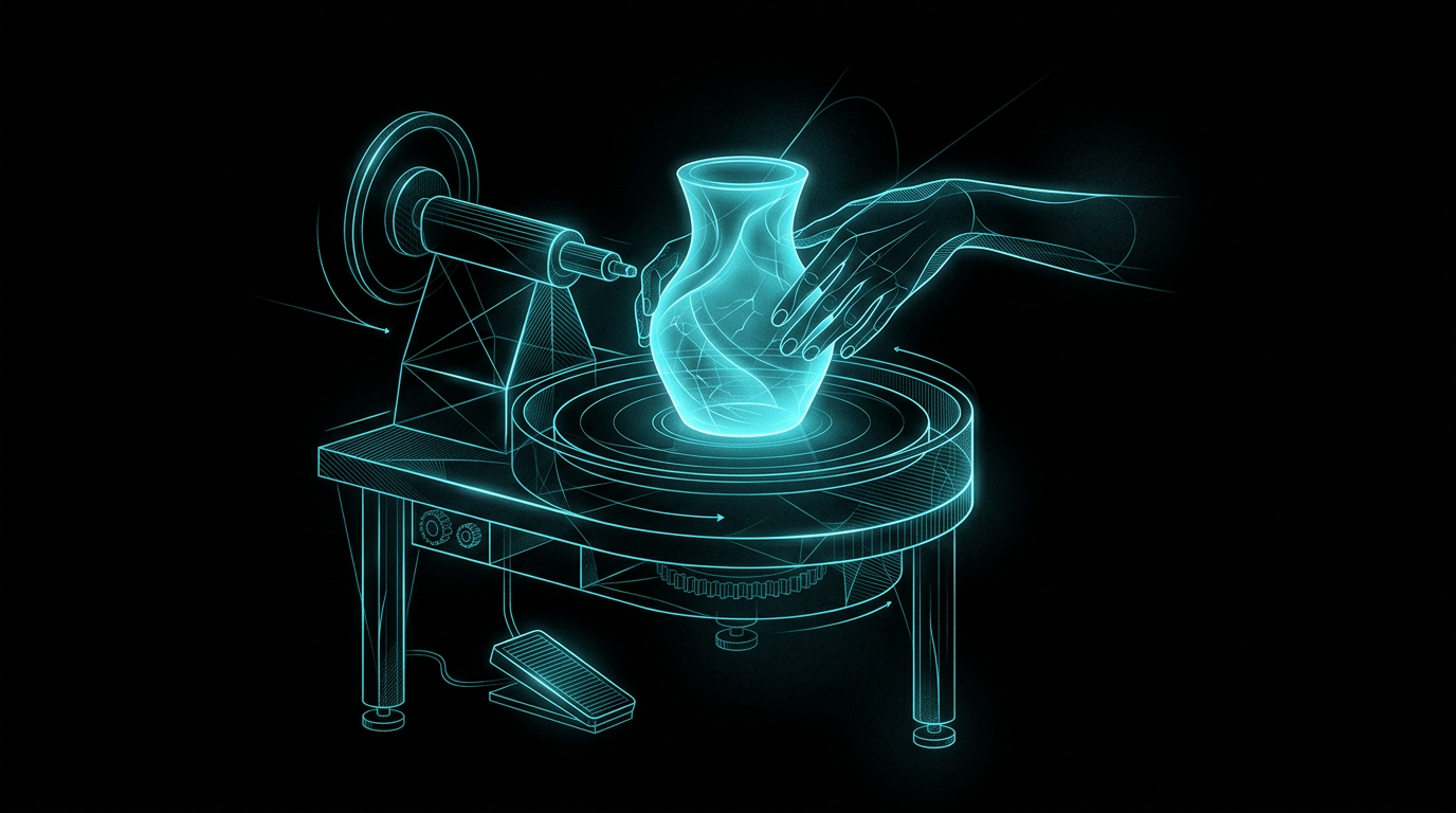An abstract neon cyan line art illustration of a glowing vase on a black background