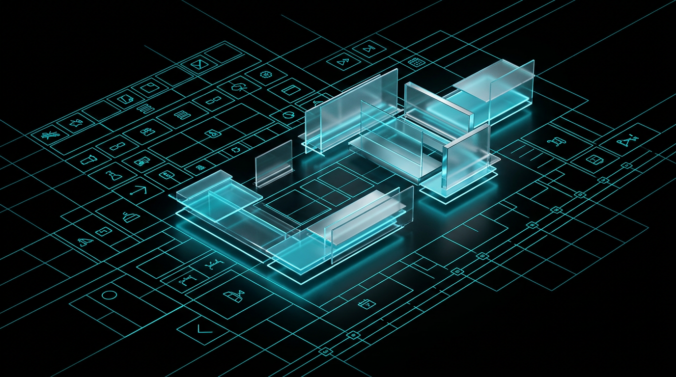 An abstract digital grid of glowing electric cyan lines resembling an event floor plan and timeline on a black background.