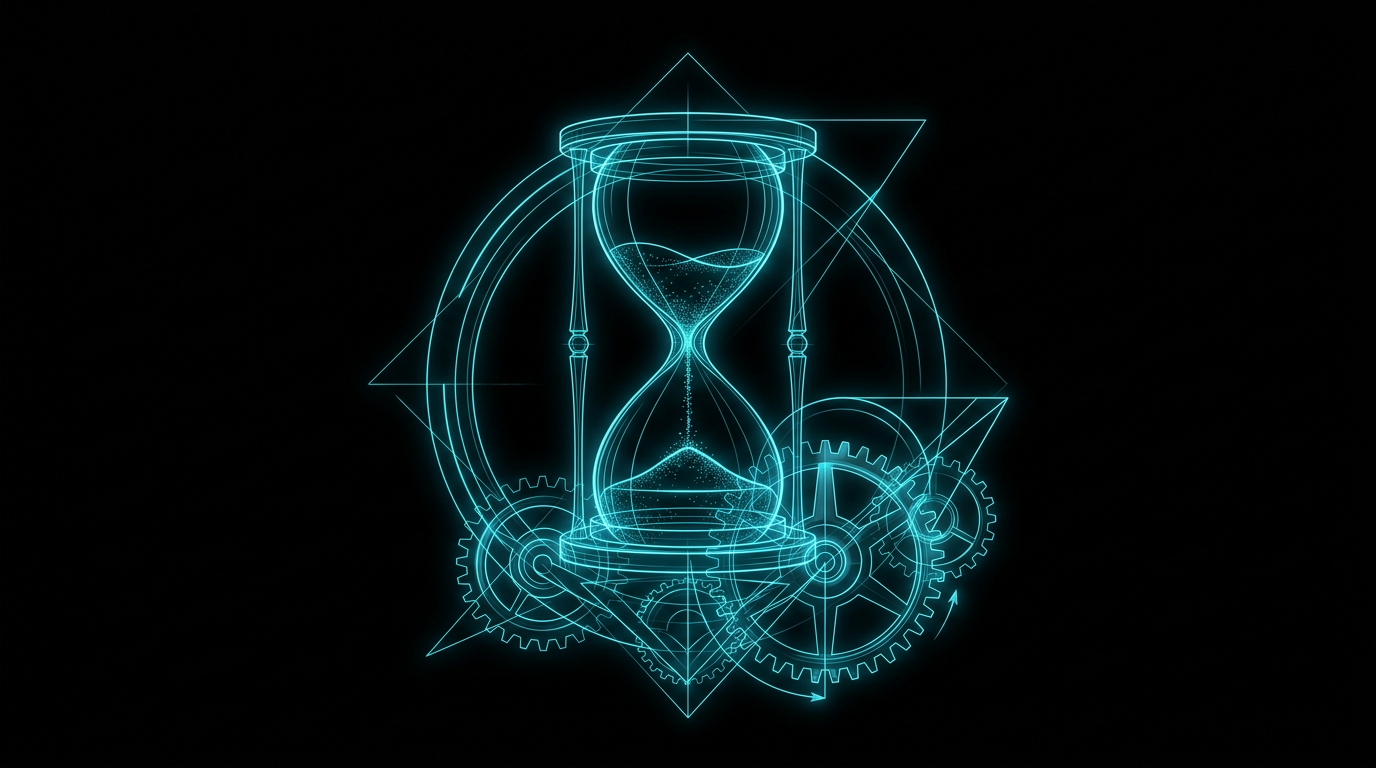 An abstract geometric illustration of cyan light lines forming an hourglass and gears on a black background