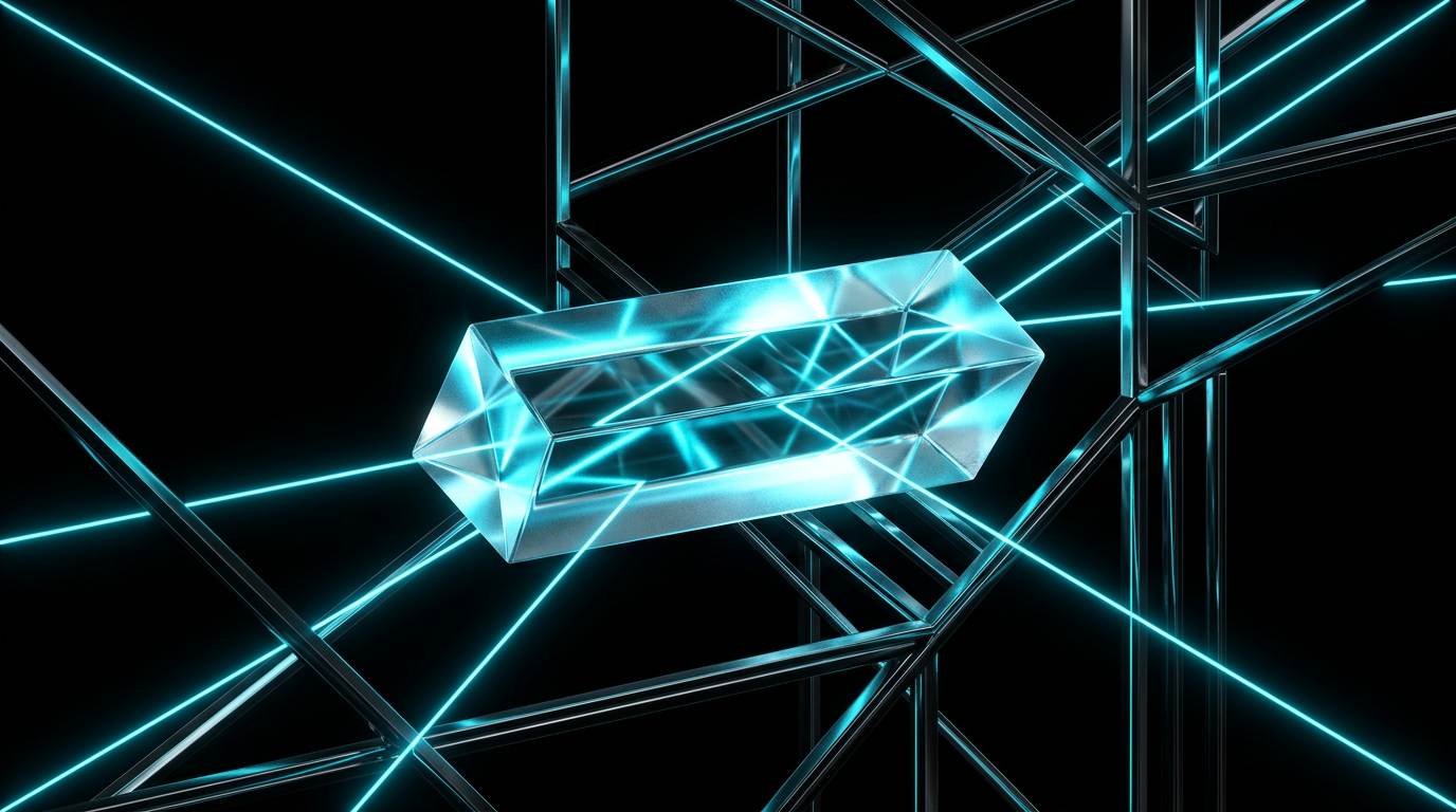 Minimalist geometric glass and polished metal prism with glowing electric cyan line work on a deep black background.