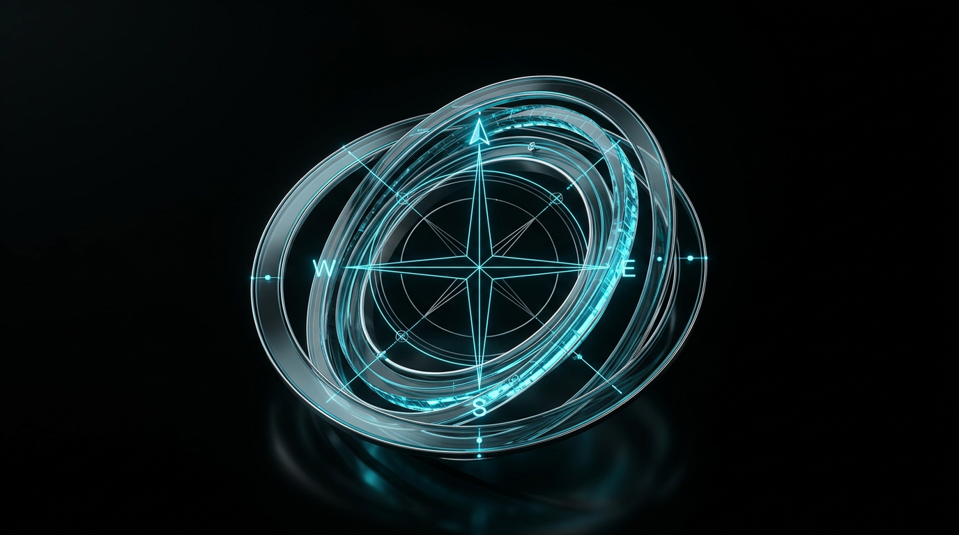 An abstract geometric illustration of cyan light lines forming a glowing compass and glass rings on a dark background