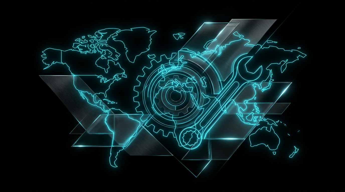 Abstract cyan neon geometric lines forming a map and tools on a black background