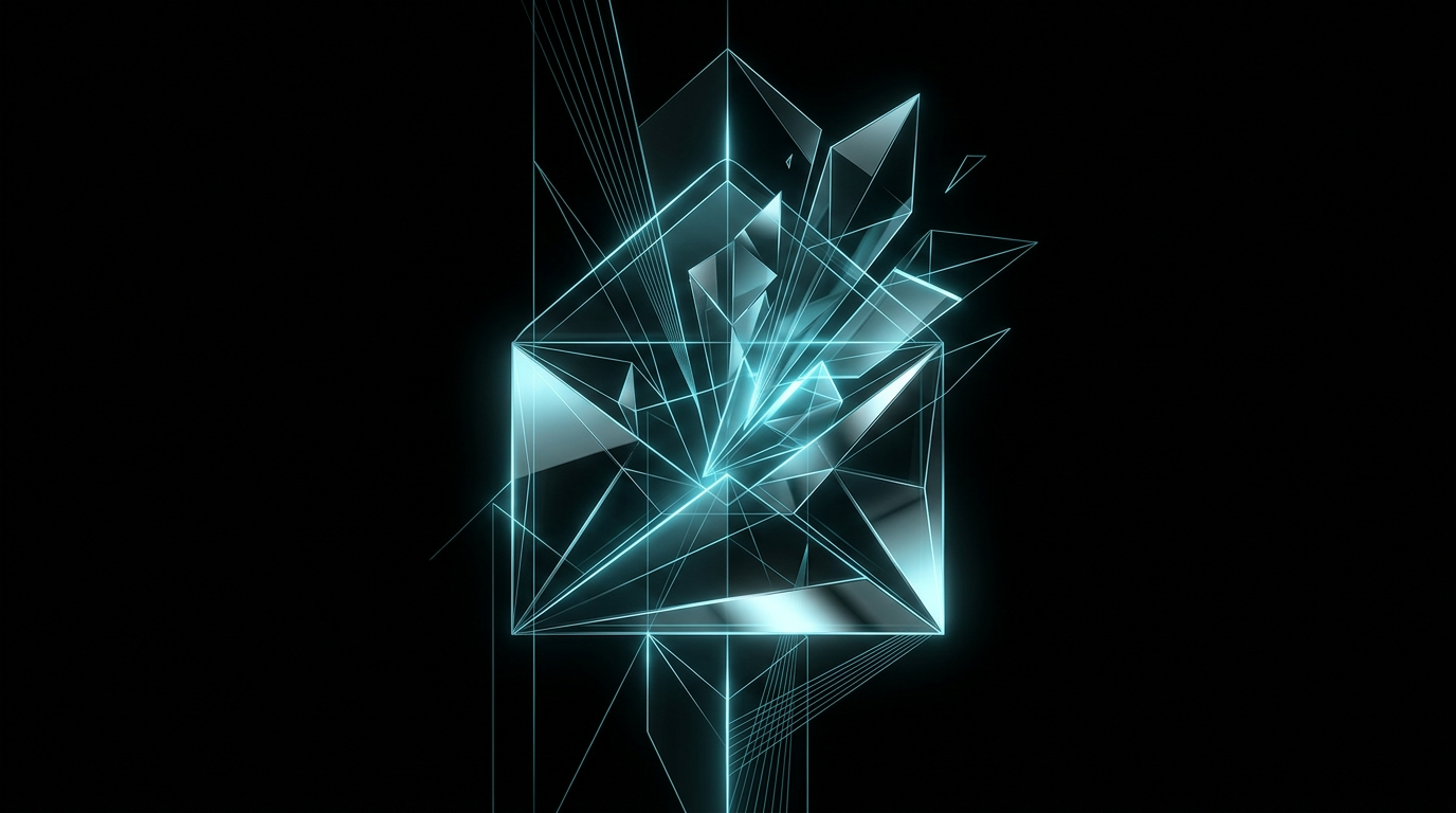 Abstract geometric lines and glowing cyan glass forms creating a minimalist editorial newsletter concept on a black background.