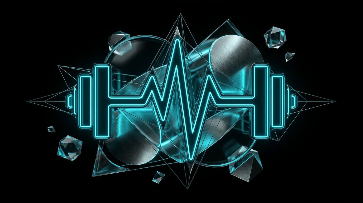 Abstract geometric line art of a glowing cyan barbell and heart rate waveform on a black background