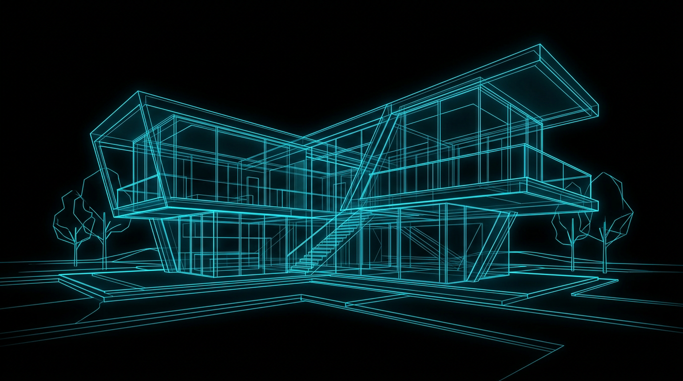 An abstract geometric illustration of a modern house outlined in glowing electric cyan on a black background.