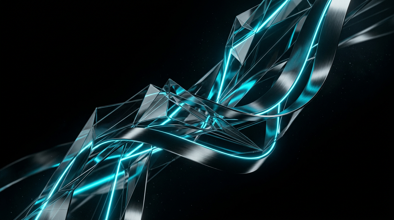 Abstract geometric shapes in glass and brushed metal illuminated with electric cyan light on a black background.