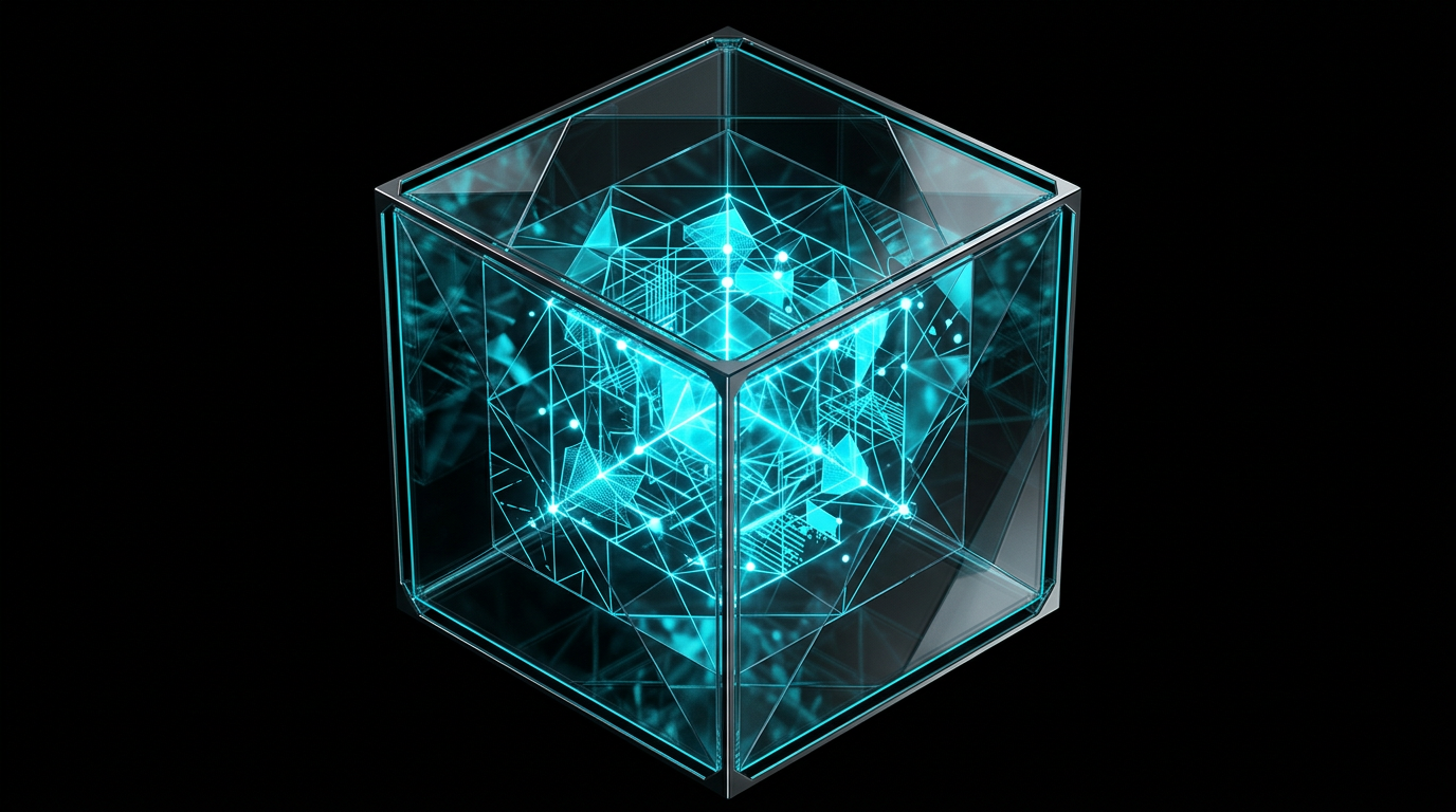 An abstract editorial illustration of a glowing cyan glass cube with geometric wireframes on a black background.