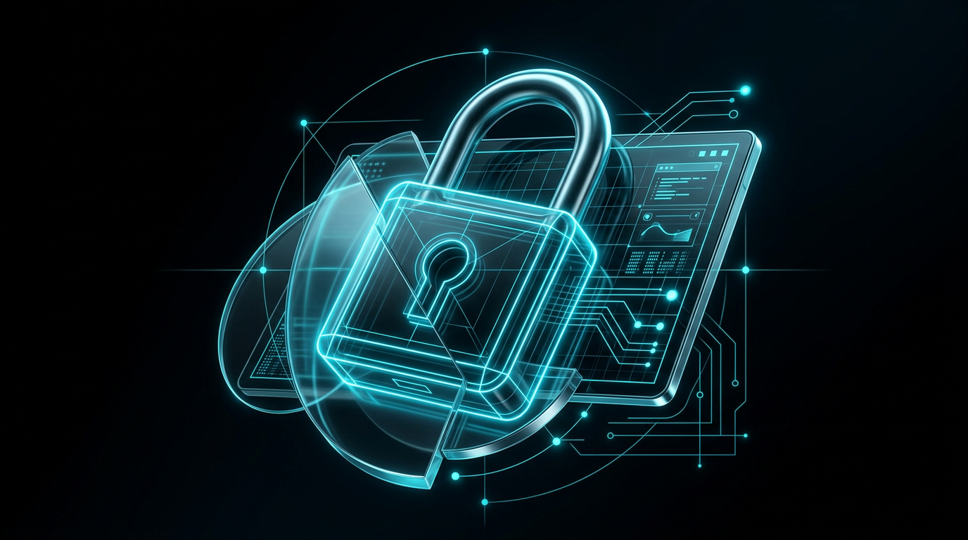 An abstract digital padlock and screen glowing in electric cyan lines on a black background.