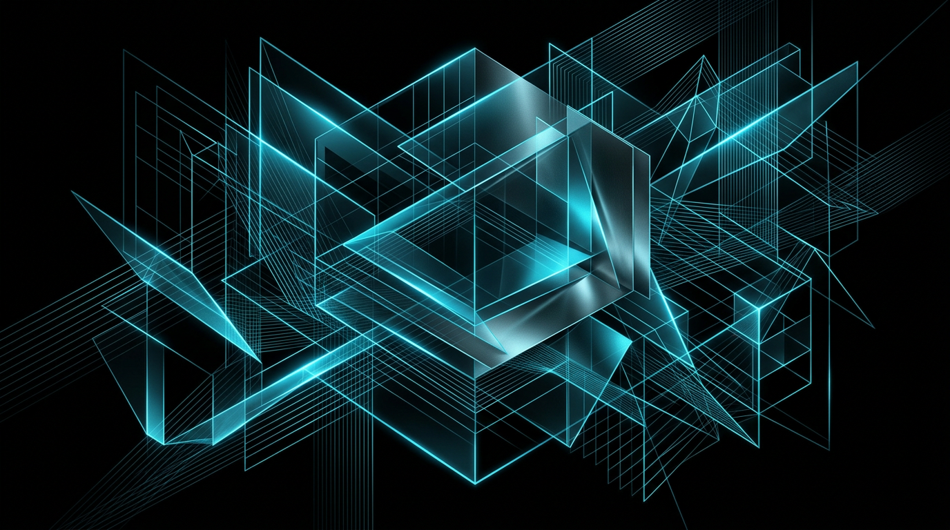 An abstract digital illustration of glowing cyan sheets of glass layered together on a black background.