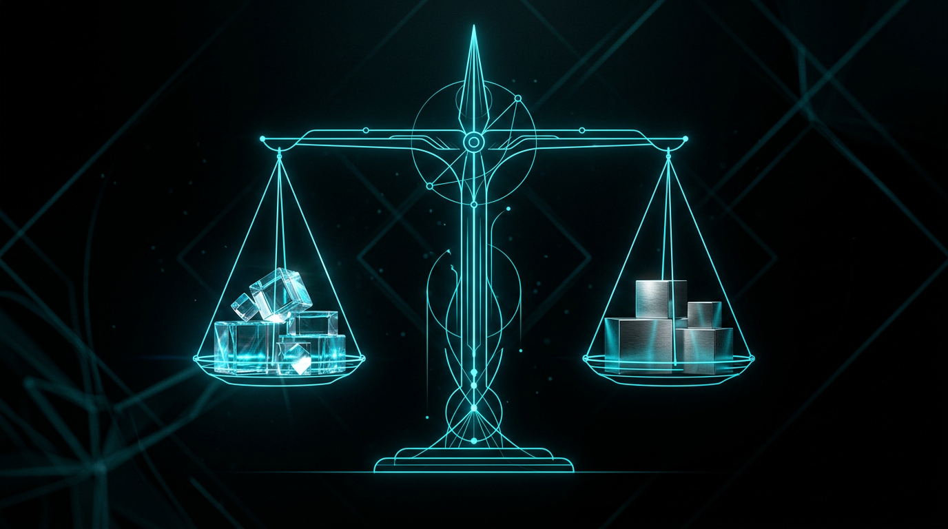 Abstract glowing scale made of cyan geometric lines balancing glass and metal blocks on a black background.
