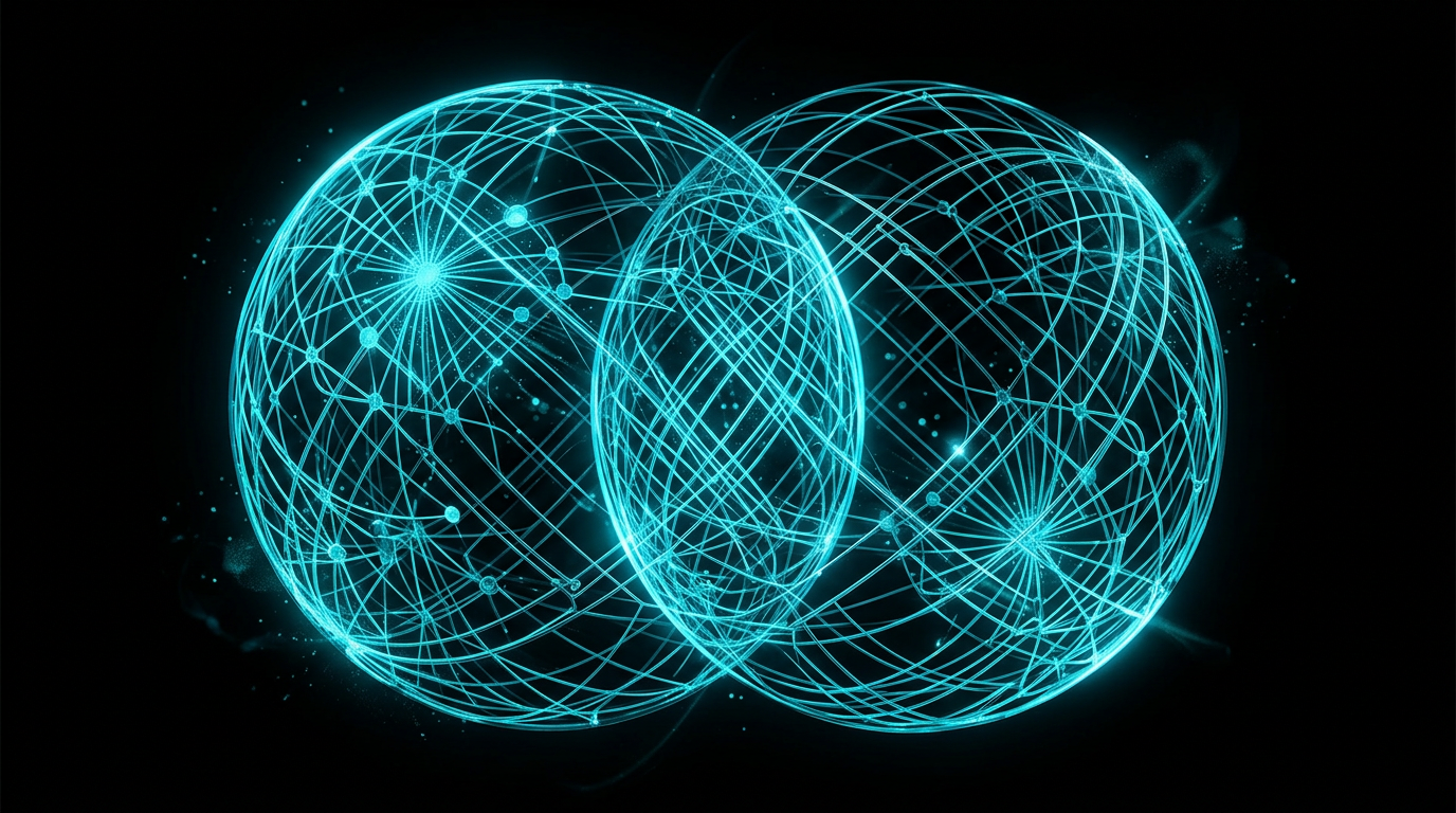 An abstract illustration of two glowing blue geometric spheres intersecting on a dark background, representing Claude AI and ChatGPT.