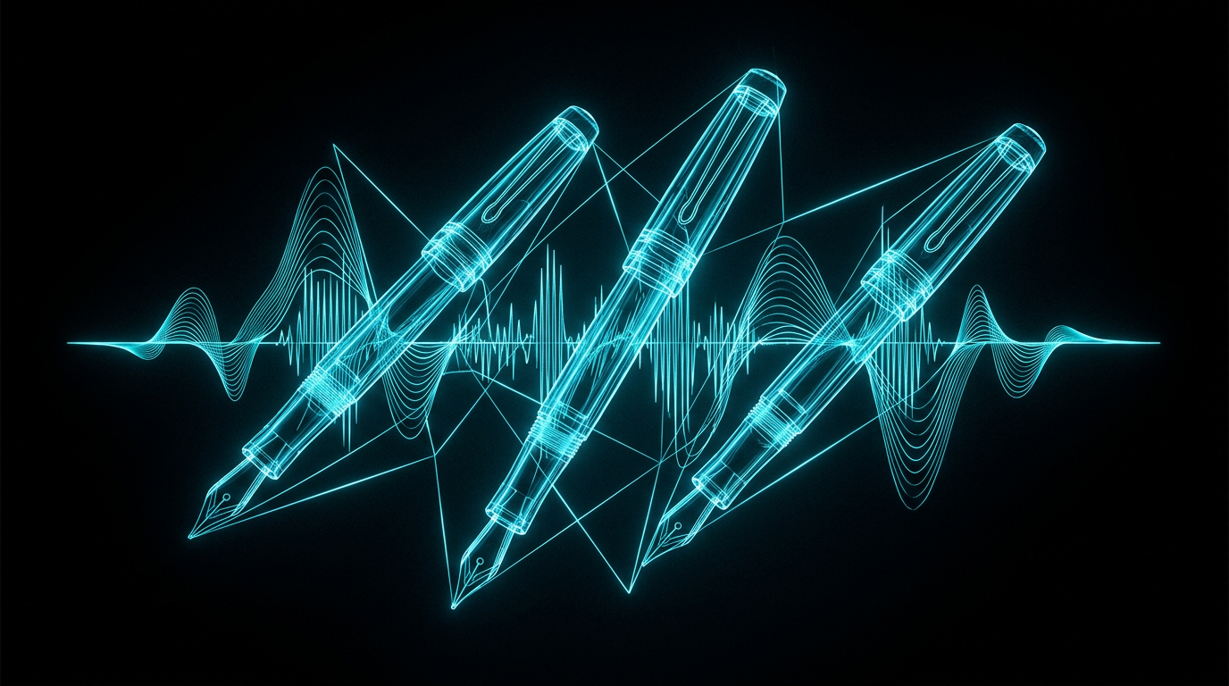 An abstract design of cyan light lines forming glass pens and soundwaves on a black background