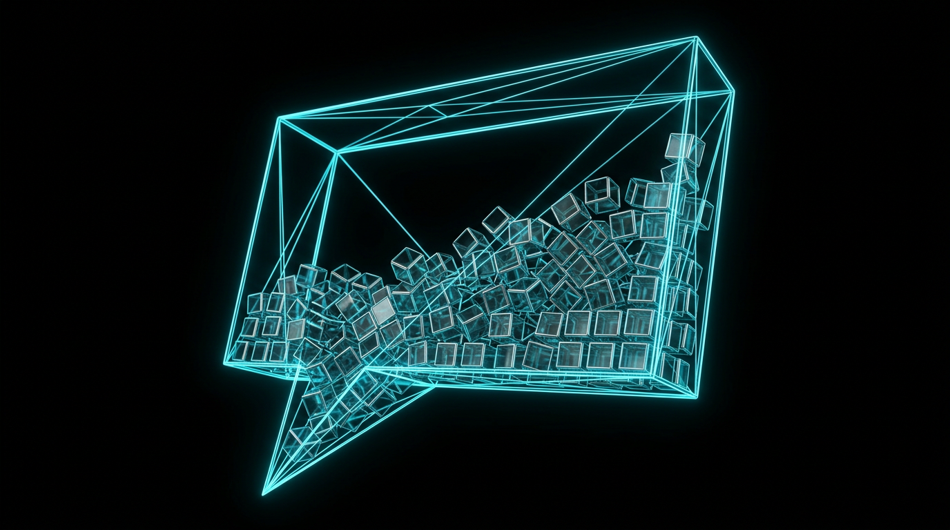An abstract digital illustration of a wireframe speech bubble being filled with metallic cubes, illuminated by electric cyan light on a black background.