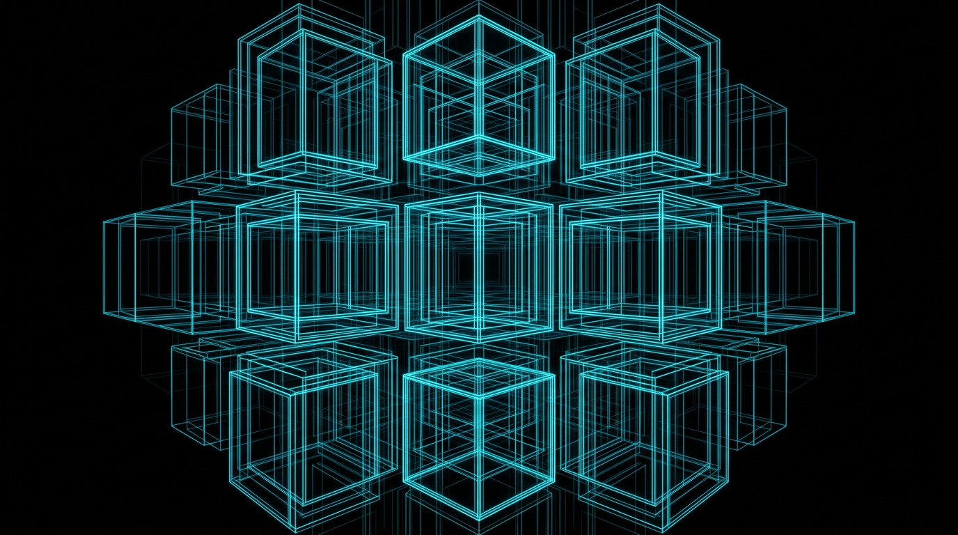 An abstract geometric illustration of perfectly aligned glass cubes glowing with cyan light on a dark background.