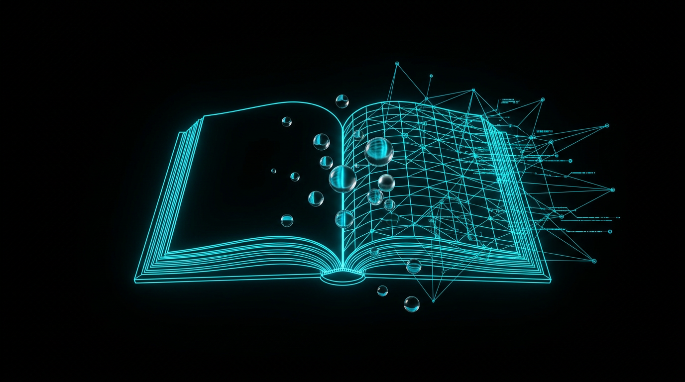 Abstract editorial cover showing geometric cyan lines and metallic spheres on a black background