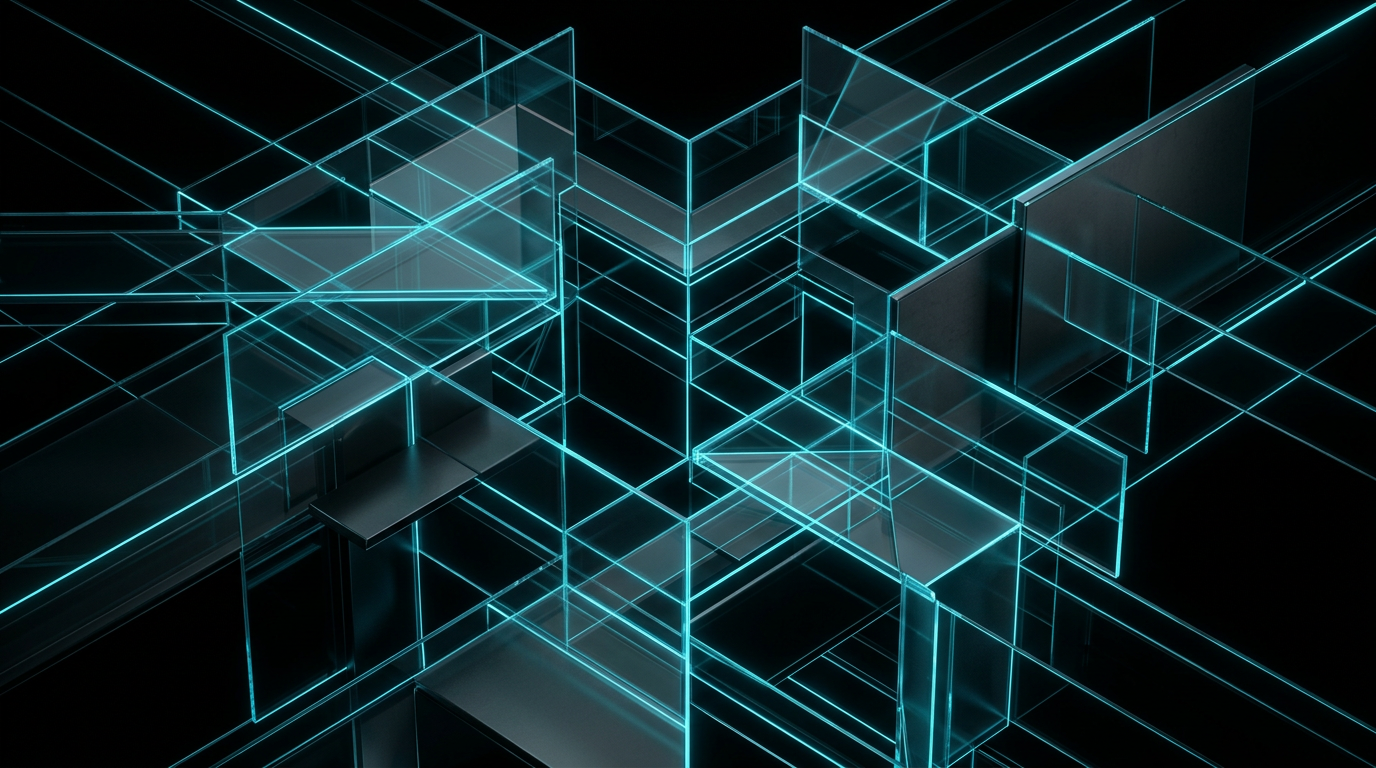 Abstract geometric art with electric cyan lines and metallic plates on a black background.