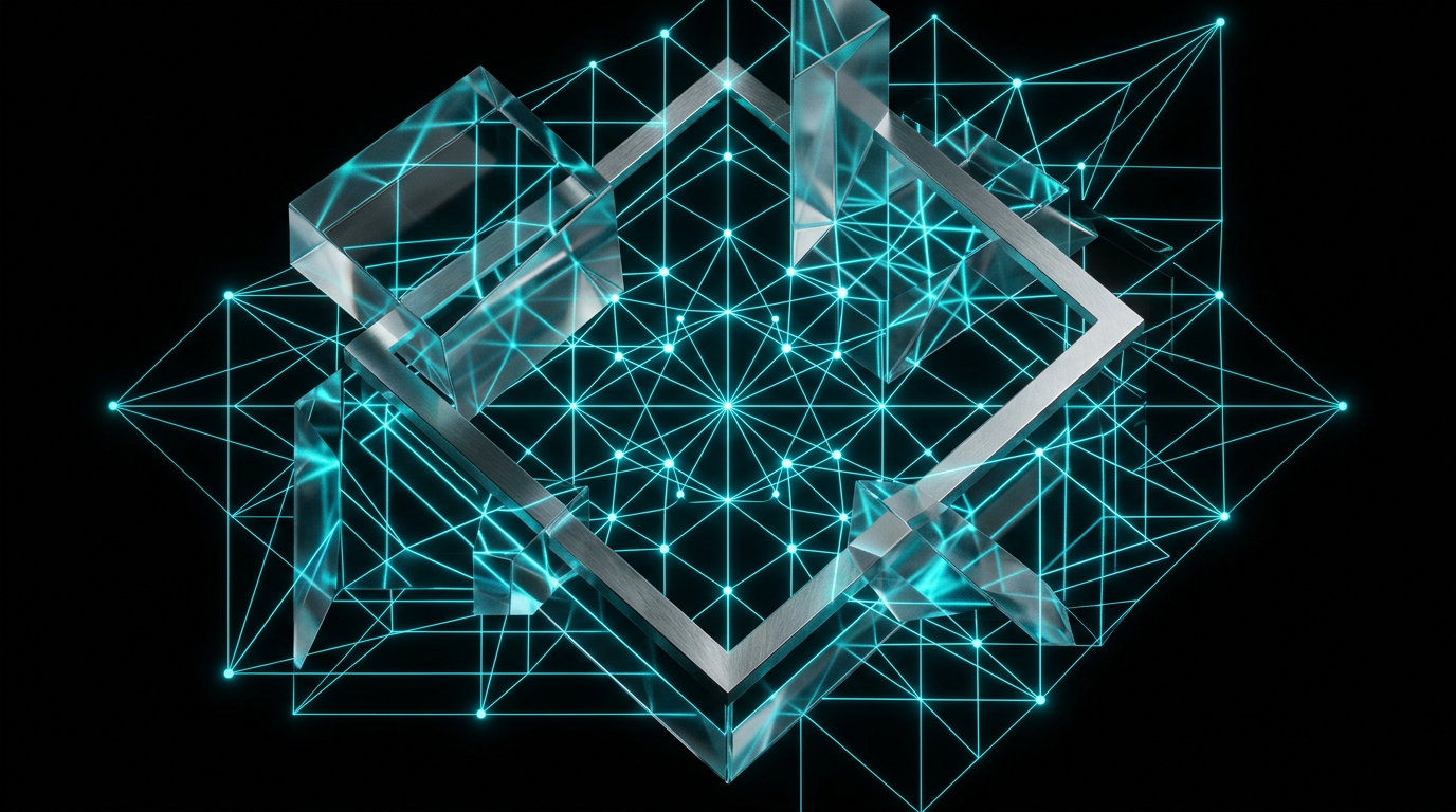 An abstract geometric pattern of electric cyan light lines and glass prisms on a black background