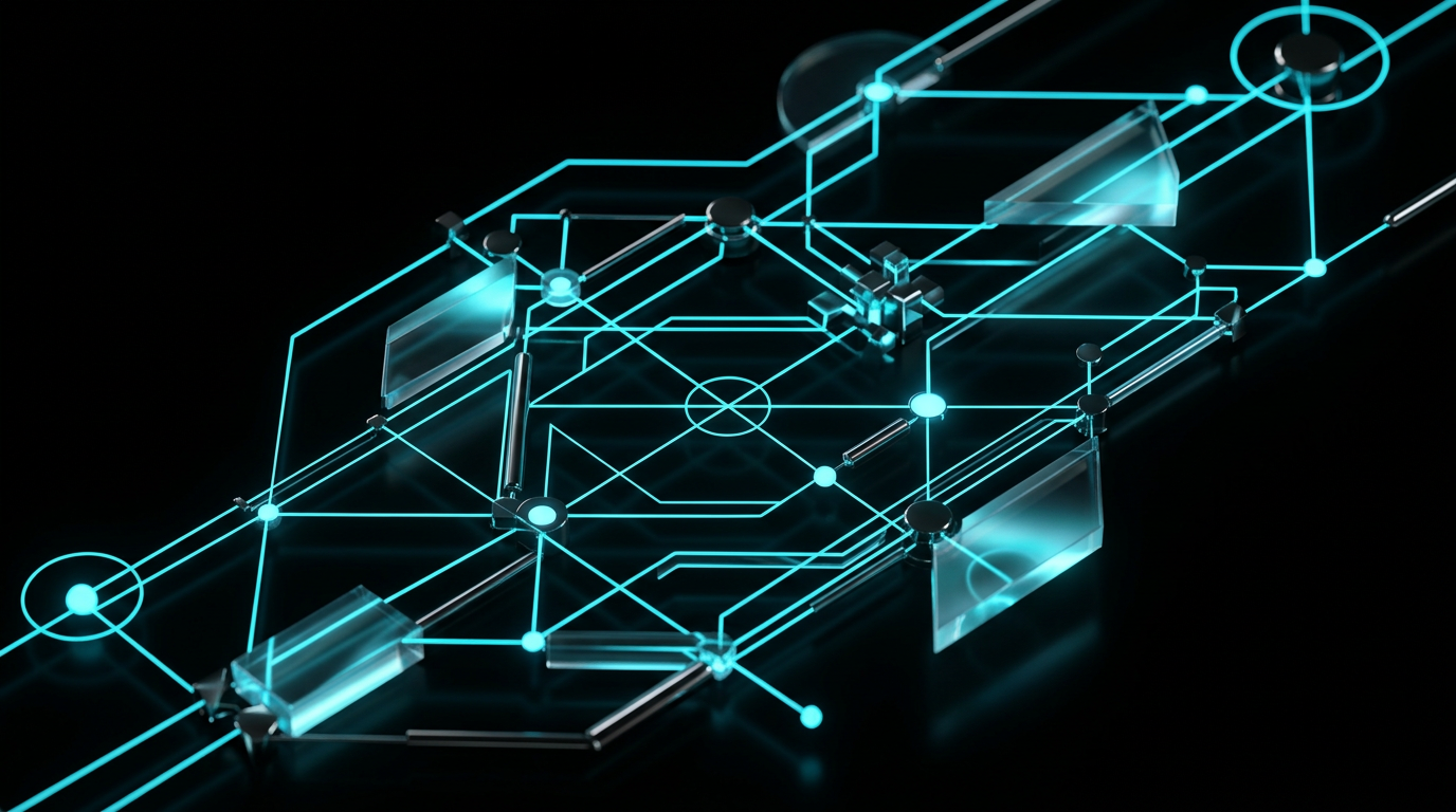 An abstract network of glowing electric cyan lines and metallic nodes on a black background.