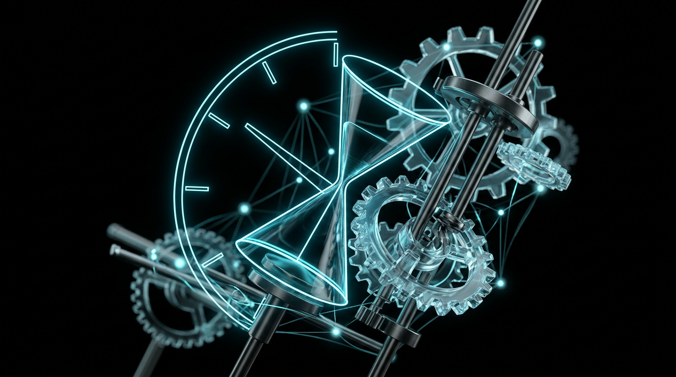An abstract geometric illustration of a clock and gears made of cyan light, glass, and metal on a black background.