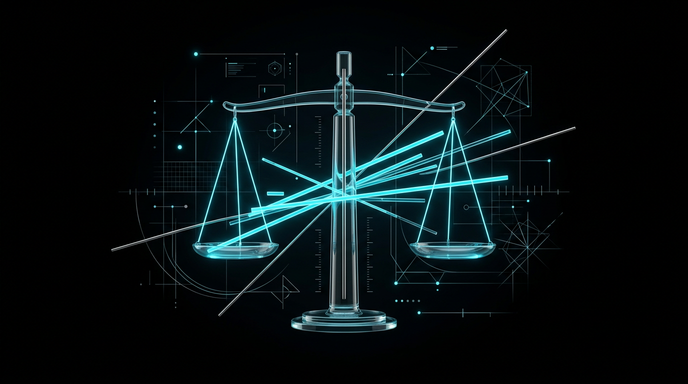 An abstract editorial illustration showing glowing cyan geometric lines of different lengths balanced on a glass scale against a black background.