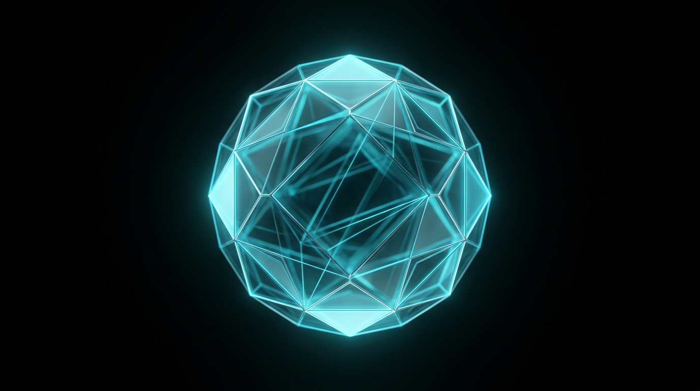 A glowing cyan geometric wireframe sphere floating on a black background.