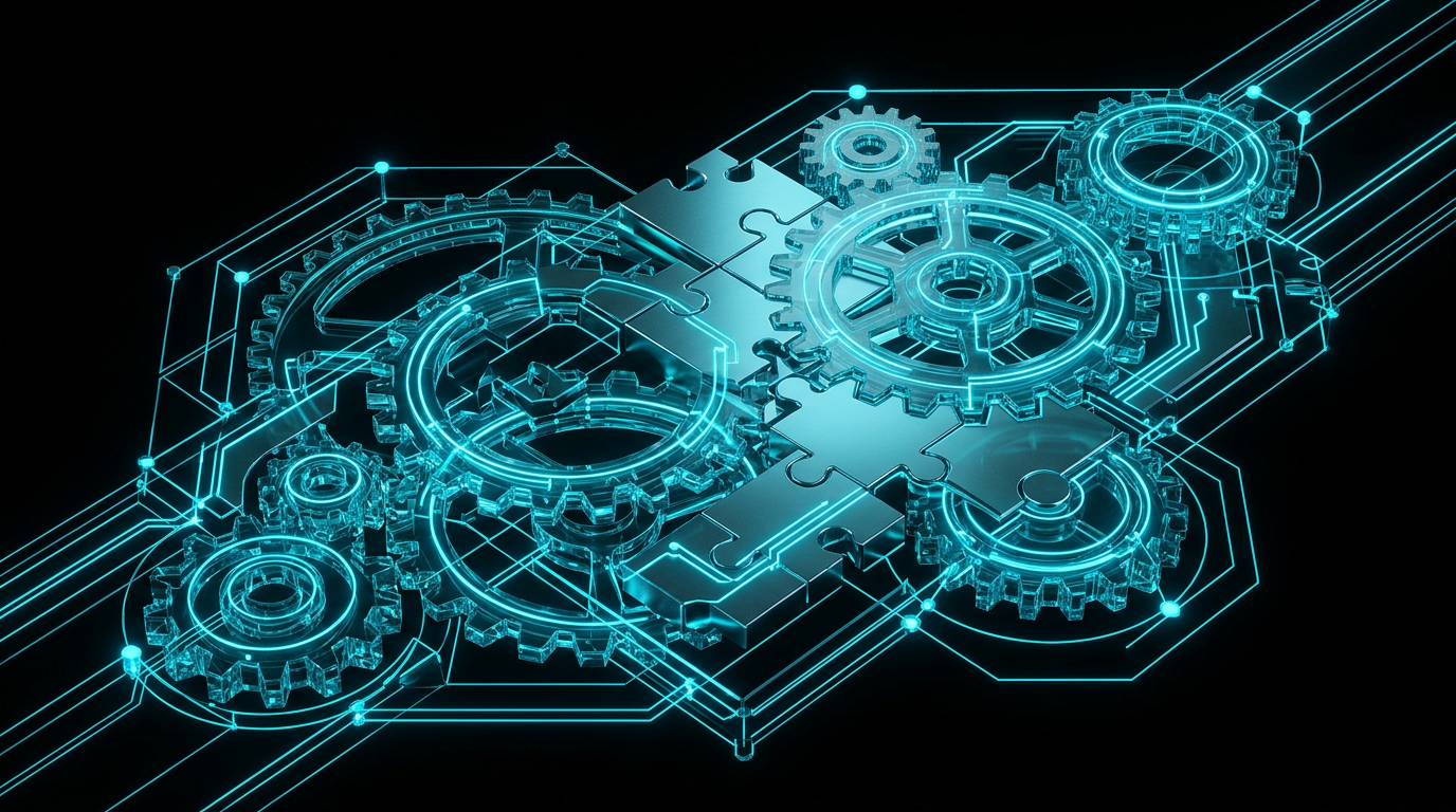 An abstract illustration of glowing cyan geometric gears and glass pathways on a black background, representing business systems.