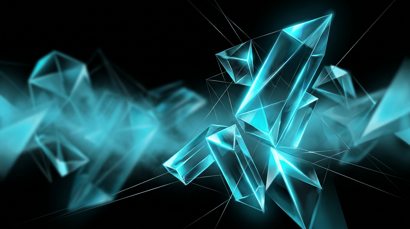 Abstract geometric prisms on a black background transitioning from sharp focus in the foreground to a soft electric cyan blur in the background.