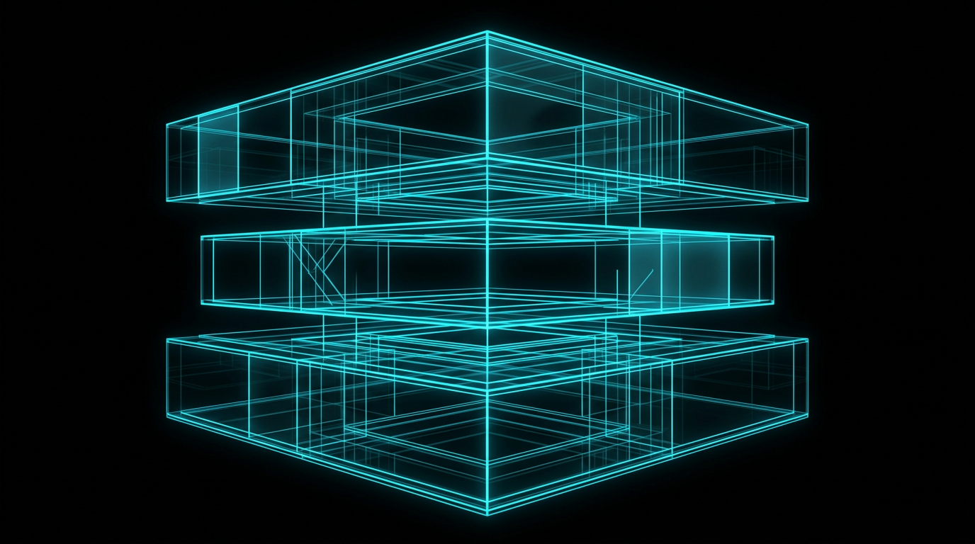 An abstract illustration of a geometric structure separated into glowing cyan layers on a black background