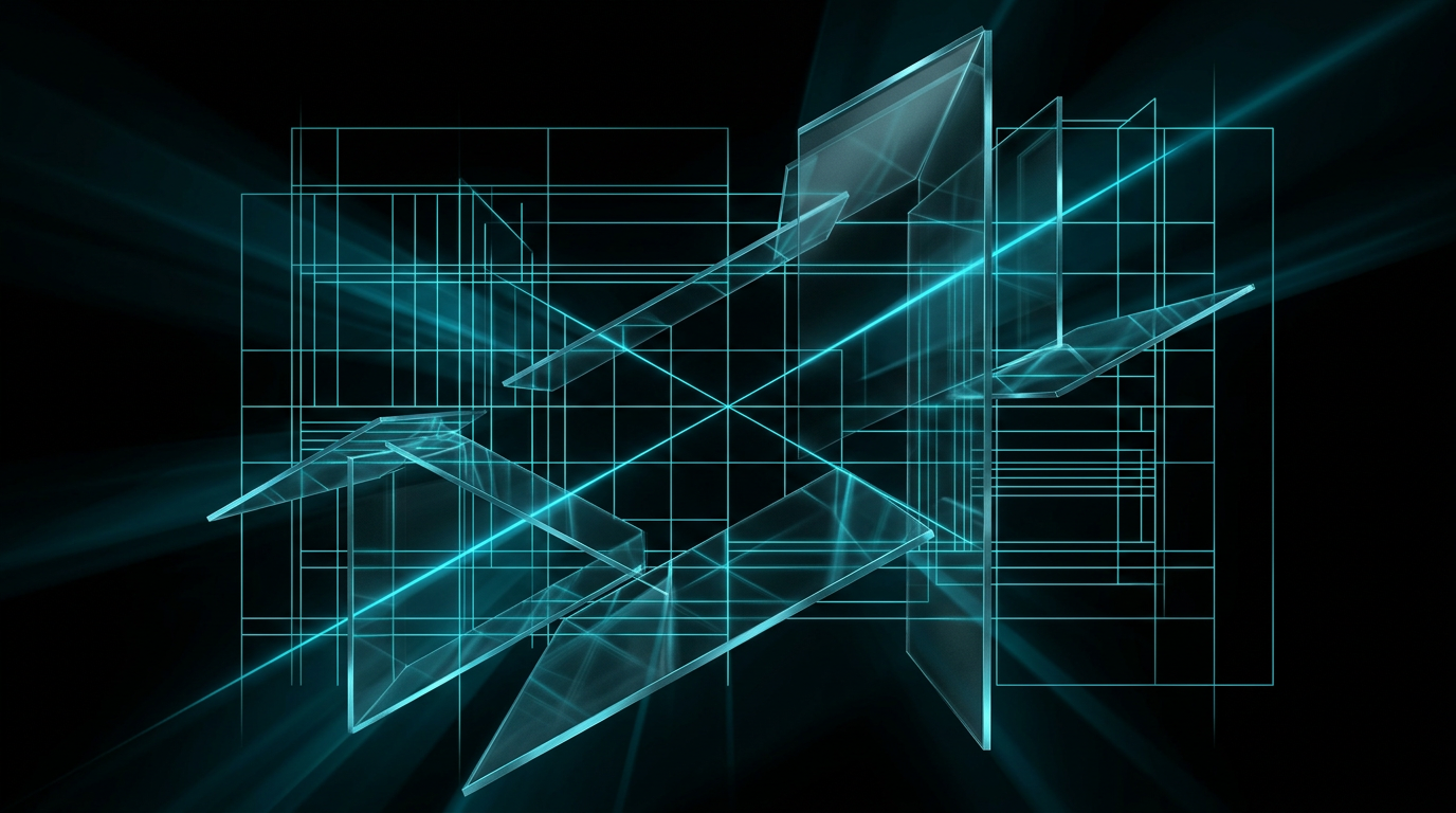 Abstract electric cyan geometric lines and floating glass sheets on a black background