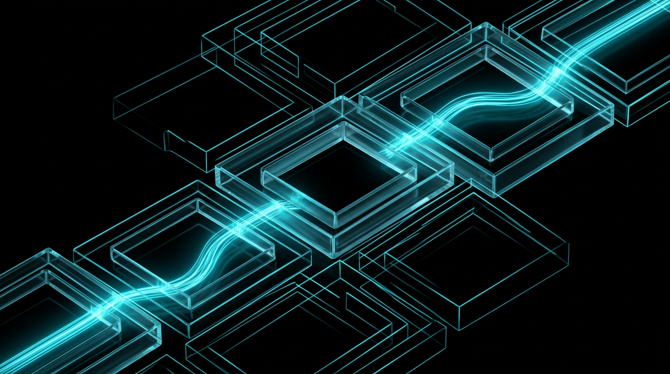 Abstract glass templates emitting electric cyan light on a black background.
